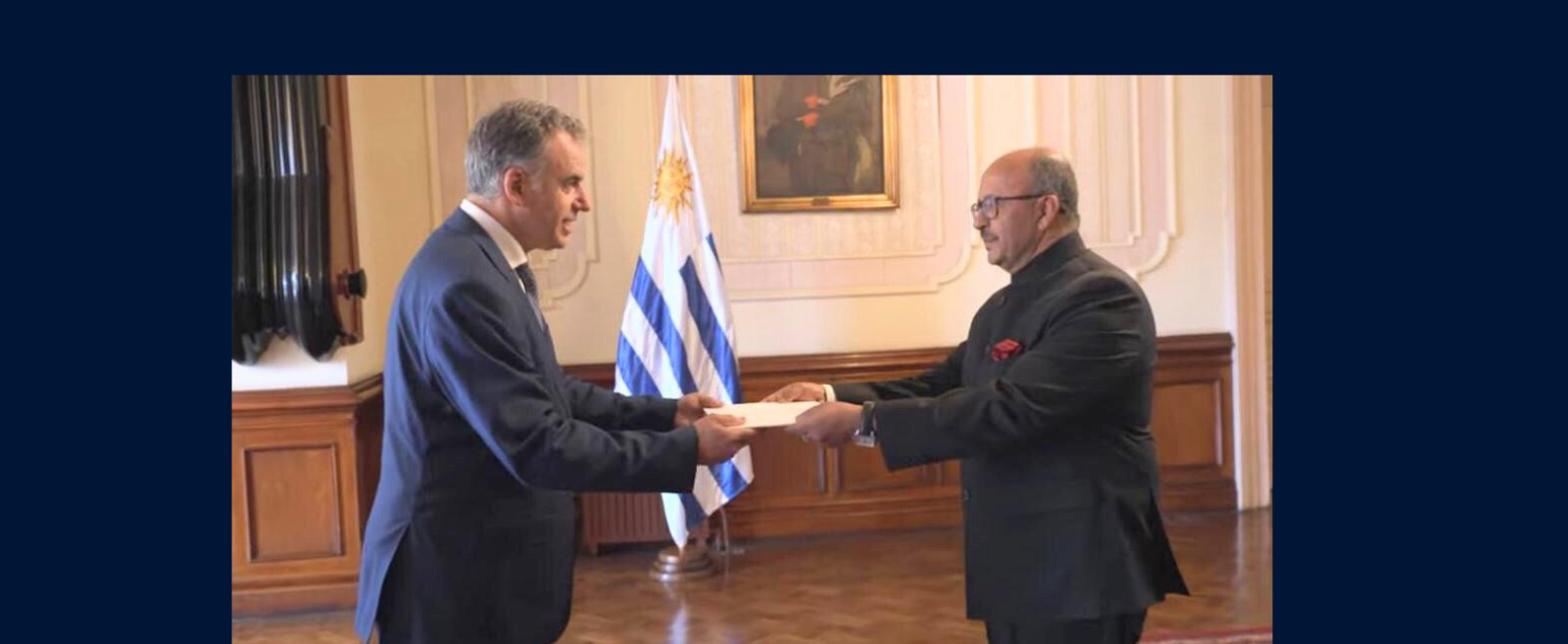 Ambassador Ajaneesh Kumar presented his credentials as India's Ambassador Extraordinary and Plenipotentiary to H.E. Mr. Yamandú Orsi, President of Oriental Republic of Uruguay at the Estévez Palace, Montevideo on 5 November 2025.