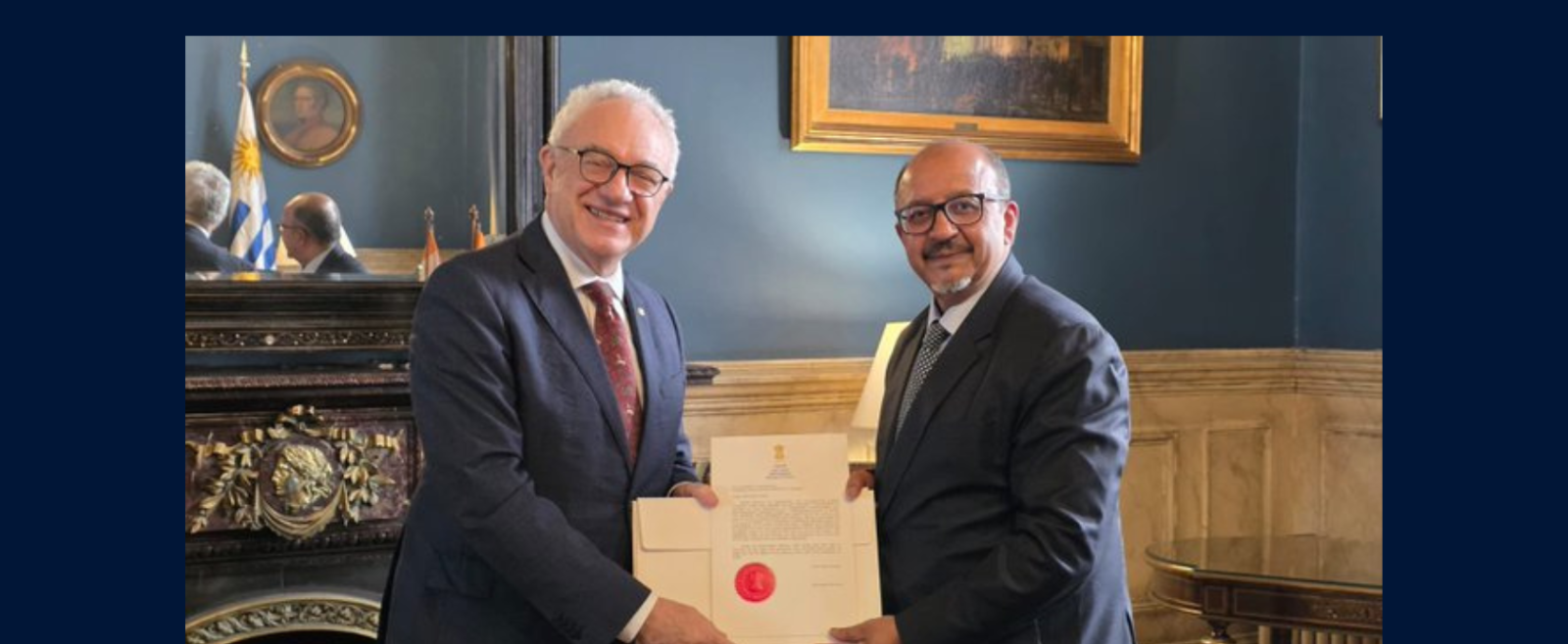 Ambassador Ajaneesh Kumar presented a copy of his credentials to H.E. Mario Lubetkin, Foreign Minister of the Oriental Republic of Uruguay, at the Santos Palace, Montevideo on 11 September 2025.
