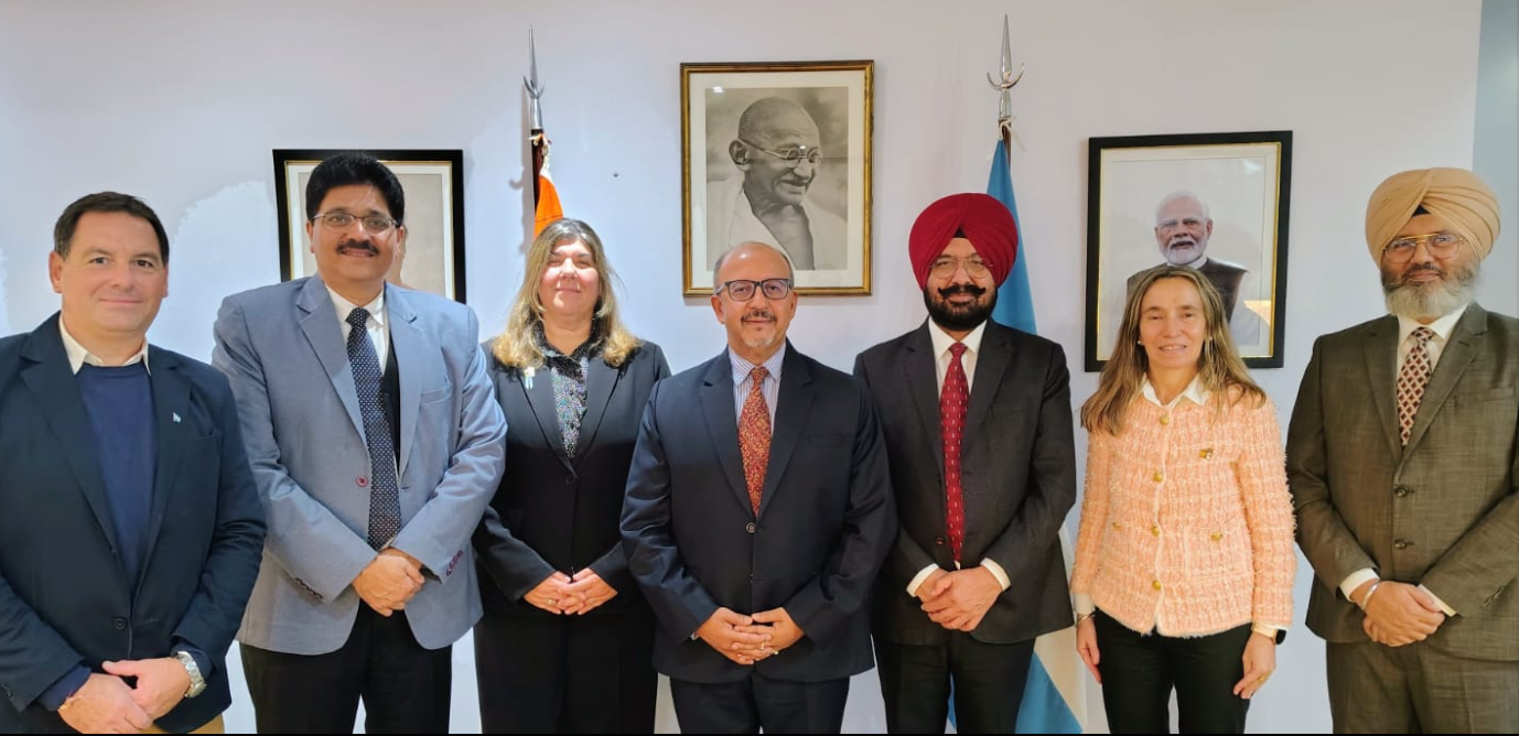 Ambassador Ajaneesh Kumar received the representatives of Punjab Agricultural University Ludhiana , Dr. Charanjit Singh Aulakh, Dean of the College of Agriculture, Dr. Rishi Indra Singh Gill, Dean of the College of Horticulture & Forestry and Dr. Vishal Bector, Associate Director, Institutional Relations, Office of the Vice Chancellor, and Representatives of Centro Agrotécnico Regional Venado Tuerto, Ms. Mariela Anelo, Director, Eng. Juan Pablo Casal, Agronomist and teacher, and Ms. Ileana Álvarez, Human Resources and Teacher, at the Chancery.
