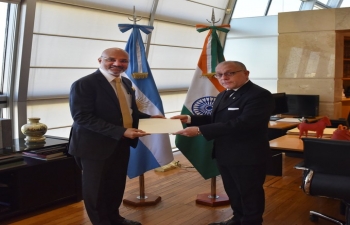 Ambassador Dinesh Bhatia presented today a copy of his credentials to the Minister of Foreign Affairs and Worship of Argentina Jorge Faurie