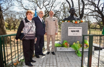 On occassion of 153rd Gandhi Jayanti, Ambassador Dinesh Bhatia together with Nobel Peace Prize Laureate Adolfo Pérez Esquivel paid floral tributes at the bust of Mahatma Gandh in Buenos Aires
