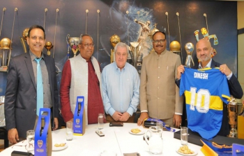 Deputy CM Brajesh Pathak and Minister of Fisheries Dr. Sanjay Kumar Nishad of Government of Uttar Pradesh, joined by Ambassador Dinesh Bhatia, received a warm welcome from President Jorge Amor Ameal at the iconic Bombonera Stadium of Boca Jrs