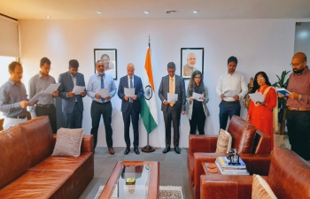 Ambassador Dinesh Bhatia accompanied by Embassy officials recalled the vision of Mahatma Gandhi 
